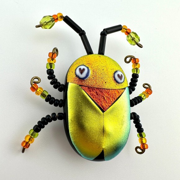 Multicolor Shimmery Dichroic Art Glass Beaded Scarab Bug Insect Brooch 1.5" OOAK - Picture 2 of 14
